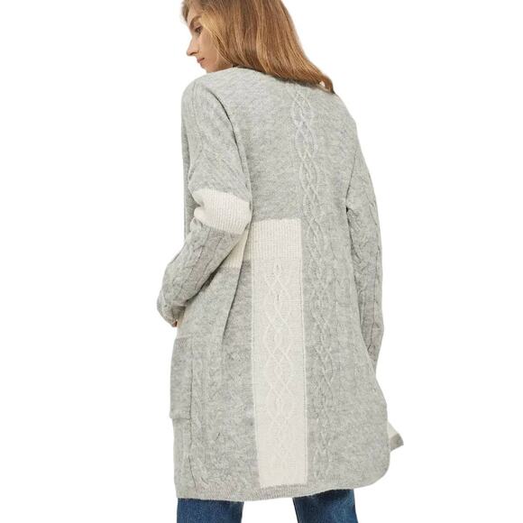 Topshop Light Gray and Cream‎ Cable Knit Open Front Long Cardigan Sweater Size 4 - Picture 1 of 11